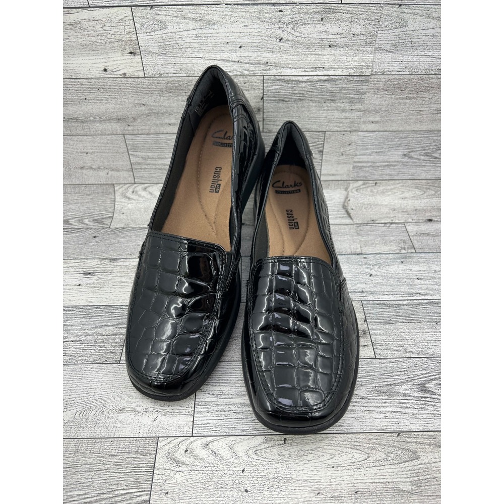 Clarks‎ Collection Black Patent Croc Embossed Cushion Soft Loafers Women Sz 8M